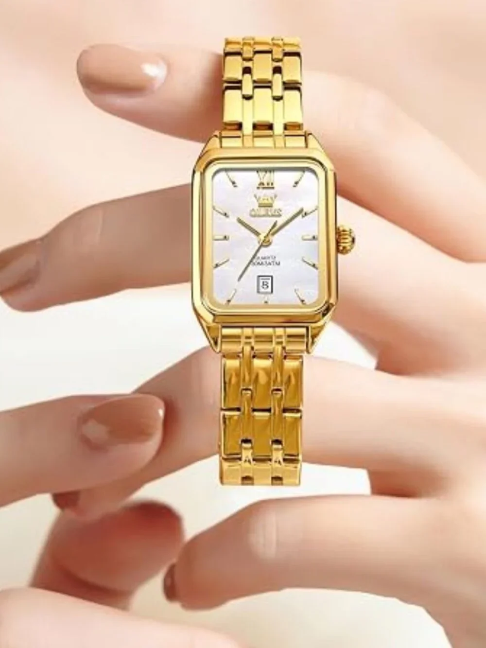 OLEVS Square Watch Gold Stainless Steel Bracelet Ladies Small Face Watches